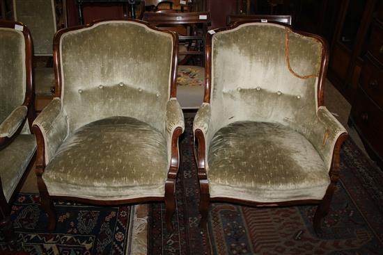 Pair Edwardian green upholstered armchairs